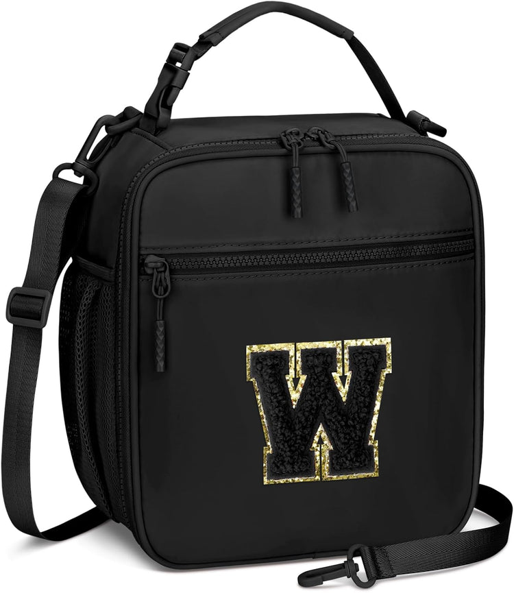Initial Insulated Lunch Bag for Boys Kids, Back to School Gift, Reusable Leak-proof Lunch Box with Adjustable Strap for School Daycare Travel Picnic(Black,W)