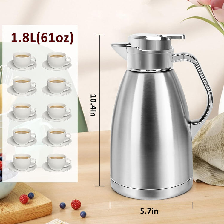 Coffee Carafes for Keeping Hot, ShineMe Stainless Steel Thermal Coffee Carafe with Cleaning Brush, Double Walled Vacuum Coffee Pot,61oz Insulated Tea & Coffee Dispenser, Long Heat/Cold Retention