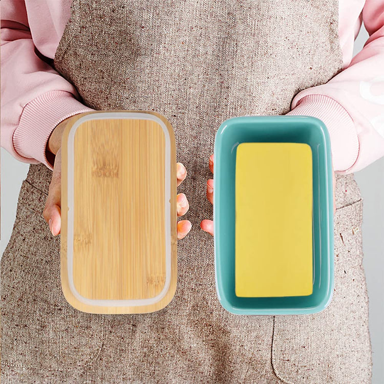 Ceramic Butter Dish with Bamboo Lid and Stainless Steel Knife Spreader