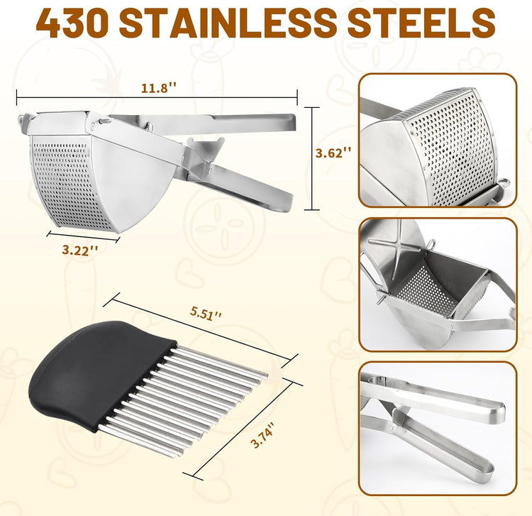 Heavy Duty Stainless Steel Professional Ricer for Mashed Potatoes and Ricer Kitchen Tool, Mash Potato Masher for Creamy Mashed Potatoes (Potato Ricer Set)
