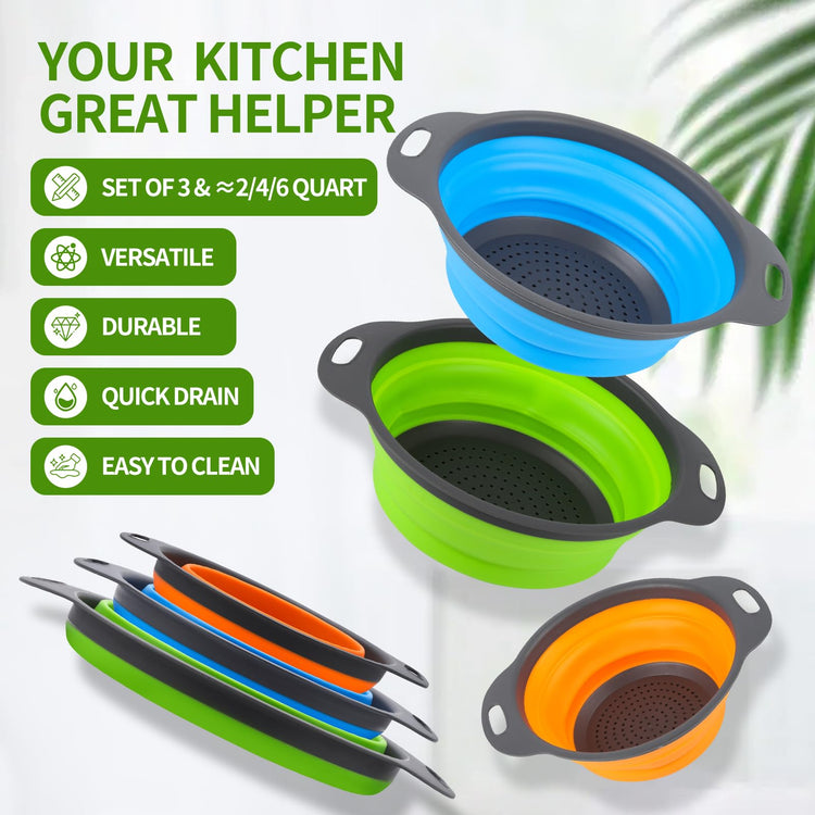 Tri Color Silicone Collapsible Colander Set (3 Count)