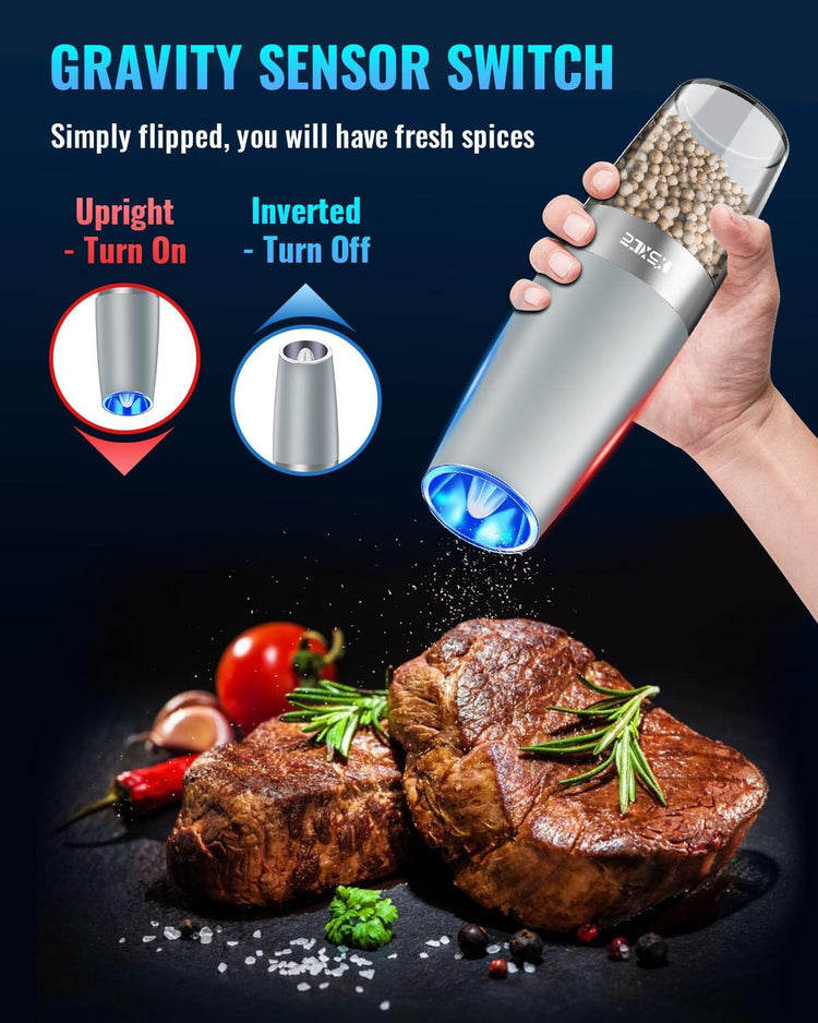 XinXu Gravity Electric Pepper and Salt Grinder Set, Adjustable Coarseness, Battery Powered with LED Light, One Hand Automatic Operation -Light Grey/2 Pack