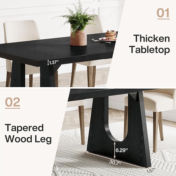 Tribesigns Large Dining Table for 6-8 People, 70.9-Inch Wood Rustic Rectangular Table with Black Wooden Legs, Farmhouse Center Kitchen Table for Dining Room, Living Room, Home Furniture, Black