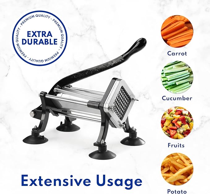 New Star Foodservice 43204 Commercial Grade French Fry Cutter with Suction Feet, 1/2 Inch and 3/8 Inch Blades, Limited Edition Black
