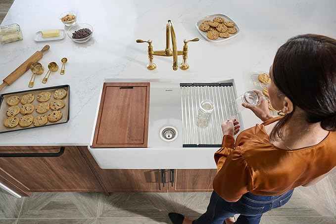 Ruvati 33 inch Fireclay Workstation Kitchen Sink - White Farmhouse Kitchen Sinks - Apron Front Sinks Single Bowl - MADE IN ITALY- RVL2387WH