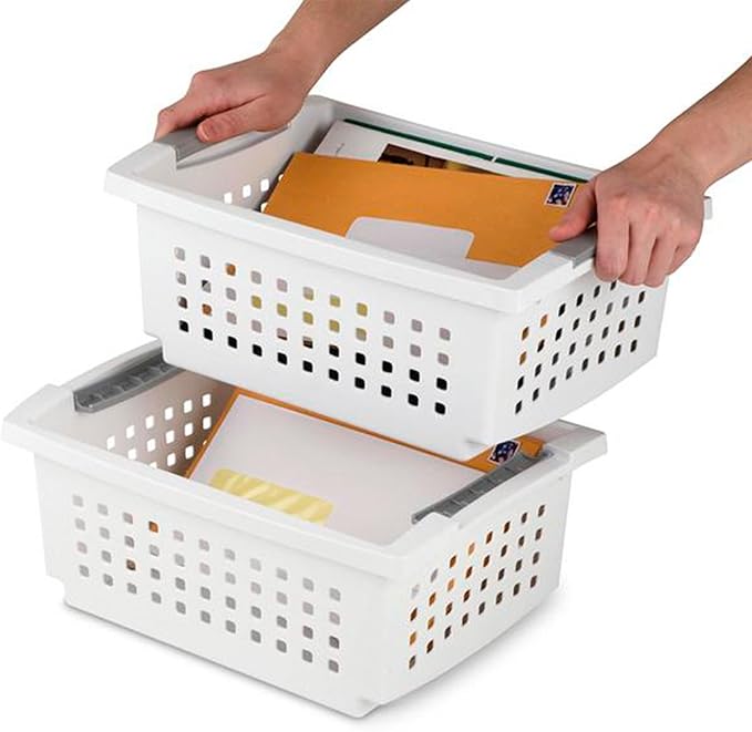 Sterilite Stackable Storage Bin and Organization Basket with Flip Down Accent Rails for Home and Household Organization, Medium, White (20 Pack)
