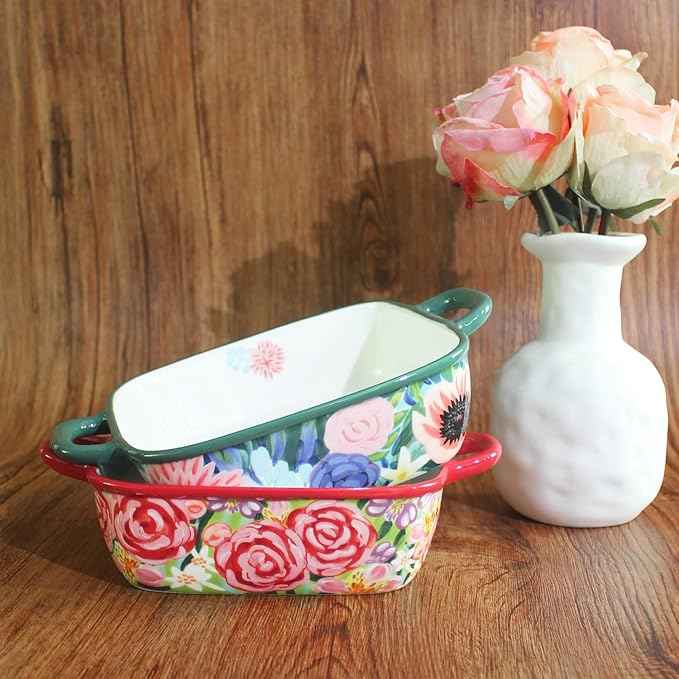 Two-piece square ceramic baking pan set: Hand-painted floral ceramic baking pans with double handles, suitable for baking, cooking, kitchens, restaurants, etc.(Combination 2)