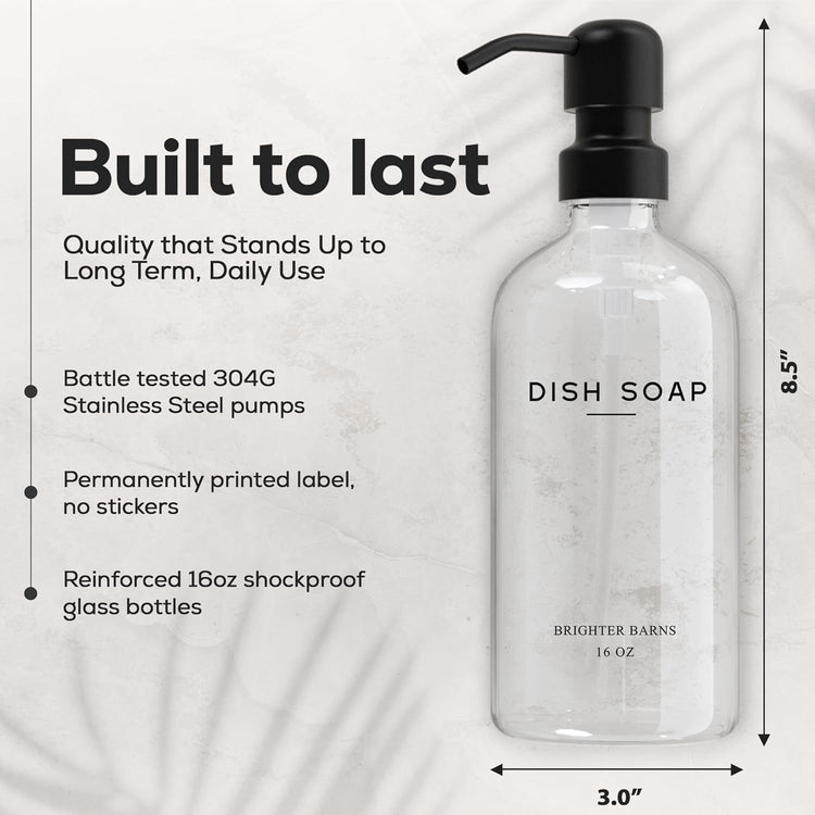 Clear Glass Hand and Dish Soap Dispenser Set by Brighter Barns - Kitchen Soap Dispenser Set & Pump - Glass Bottles for Kitchen Sink - Neutral Home Decor, Modern Farmhouse Bathroom Accessories (Clear)