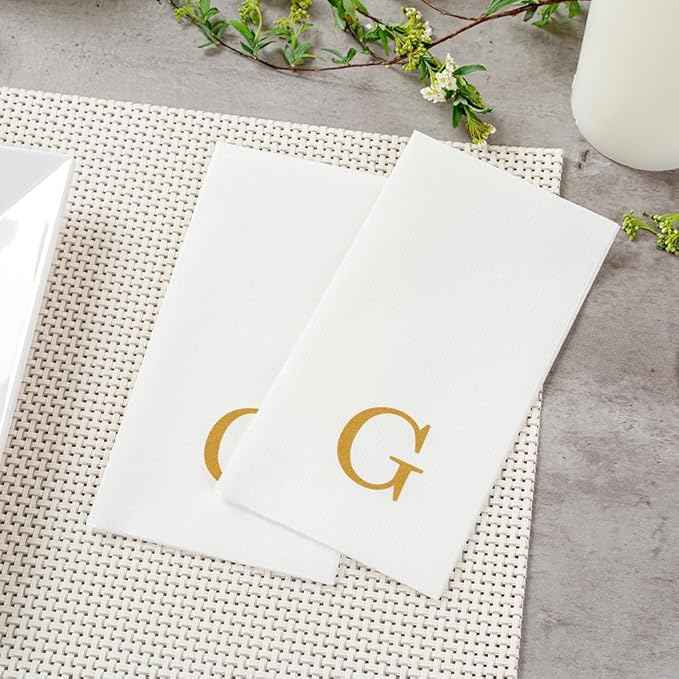 Luxenap 15.8 X 7.9 Inch Linen-Feel Guest Towels, 50 Lettered Hand Towels - Gold Letter 'G', Sans Serif Font, White Paper Dinner Napkins, airlaid, For Restrooms And Tables - Restaurantware
