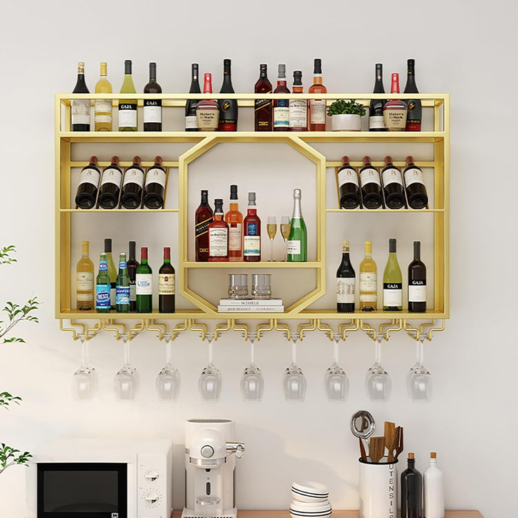 Wall Mounted Wine Rack, 3-Tiers Metal Bar Bottle Holder, Modern Wine Glass Storage Display Shelves, Wall Wine Rack for Kitchen Bar Dining Rooms Decoration (Gold, 63in/160cm)