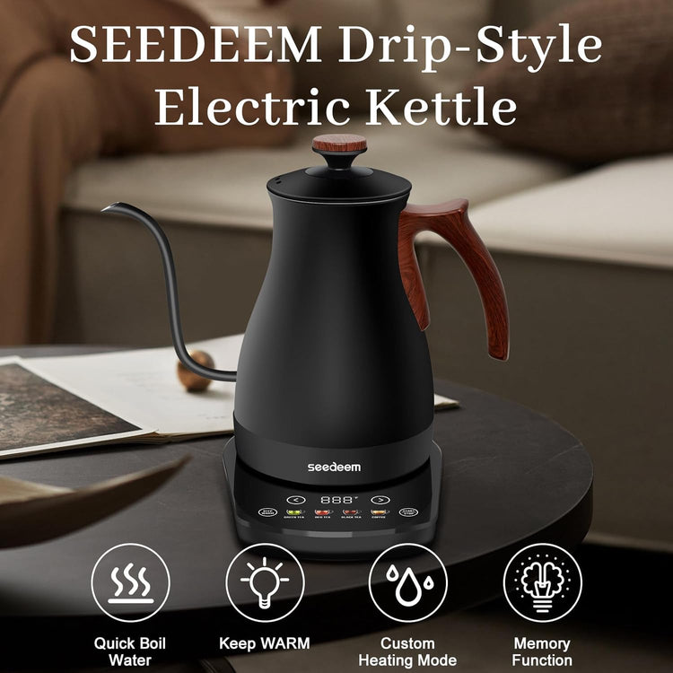 SEEDEEM Gooseneck Electric Kettle Full Touch Screen 1200W Electric Tea & Coffee Kettle with Four Heating Modes Rapid Heating,±1℉ Temperature Control,Keep Warm Mode,1L Electric kettle