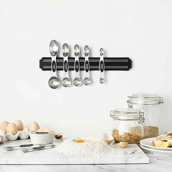 Spring Chef Stainless Steel Magnetic Measuring Spoons Set with Strong N45 Magnets, Heavy Duty Metal Kitchen Gadgets for Baking & Cooking, Fits in Most Kitchen Spice Jars, Set of 8 with Leveler, Black