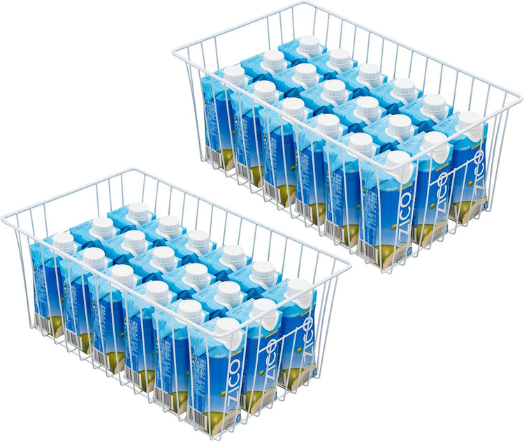 16Lx12Wx6H inch Wider Freezer Organizer Baskets Container, Refrigerator Metal Wire Storage Bins with Handles for Kitchen, Pantry, Cabinet, Closets - Pearl White(4 Packs