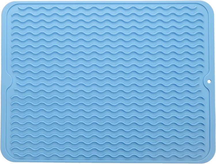 Silicone Dish Drying Mat for Multiple Usage,Easy clean,Eco-friendly,Heat-resistant Silicone Mat for Kitchen Counter or Sink,Refrigerator or drawer liner Light Blue L 16 inches x 12 inches