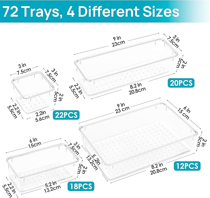 Vtopmart 72 PCS Clear Plastic Drawer Organizers Set, 4-Size Versatile Bathroom and Vanity Organizer Trays, Non-Slip Storage Containers for Makeup, Jewelries, Bedroom,Kitchen Utensils and Office