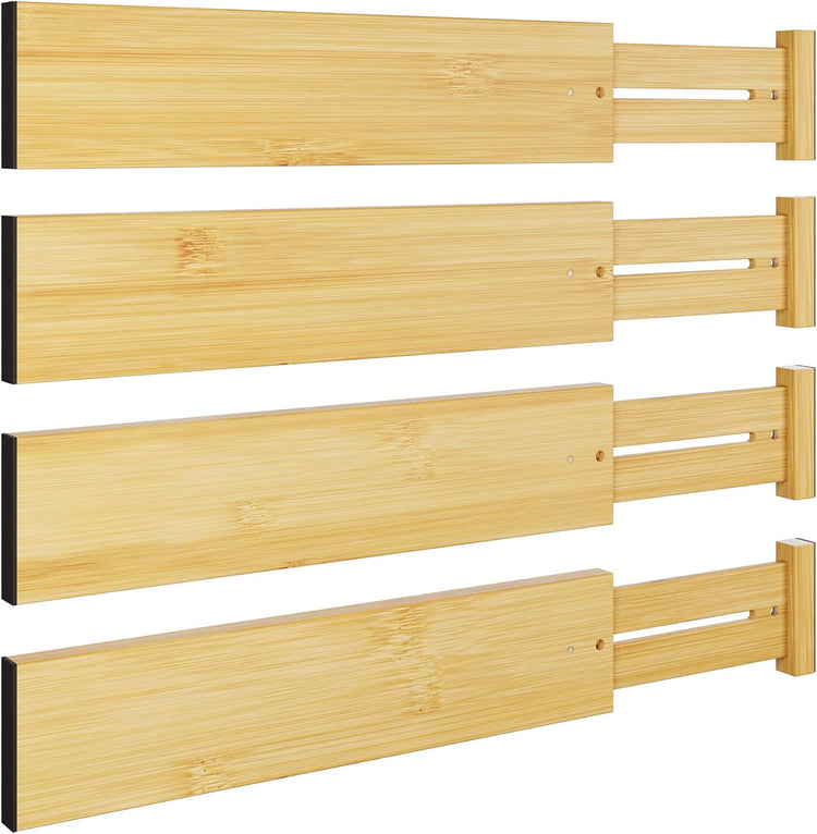 BAMEOS 4 pcs 3" High Bamboo Drawer Dividers Adjustable Drawer Organizer Expandable Drawer Organization Utensil Organizers for Kitchen Dresser Bathroom Bedroom and Office