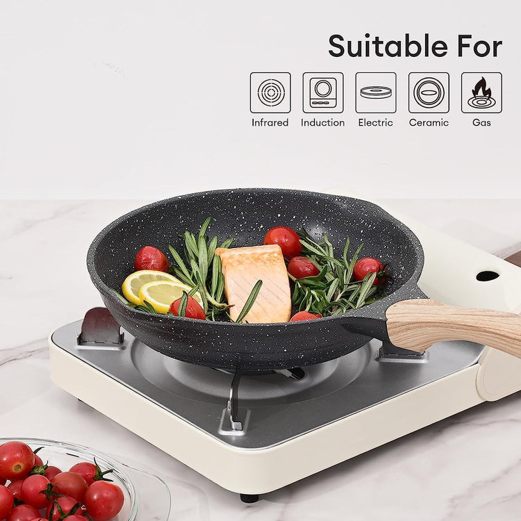 JEETEE Nonstick Frying Pans Set, Skillets Set 2 Pcs, 8" 10" Granite Non-Stick Frying pan, Nonstick Omelette Skillet with Soft Touch Handle, Grey