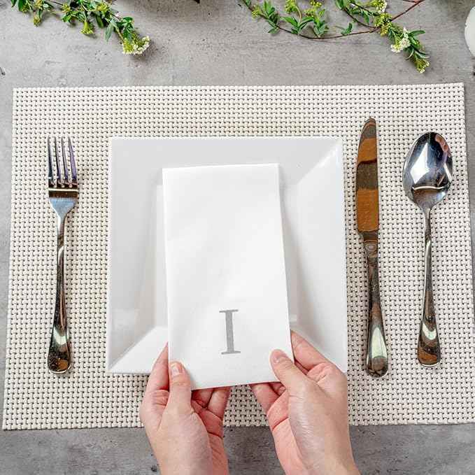 Luxenap 15.8 X 7.9 Inch Linen-Feel Guest Towels, 50 Lettered Hand Towels - Silver Letter 'I', Sans Serif Font, White Paper Dinner Napkins, airlaid, For Restrooms And Tables - Restaurantware