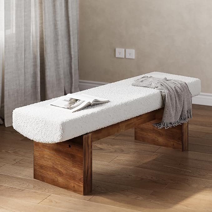 LITTLE TREE 55" Solid Wood Entryway Bench, Upholstered Bedroom Bench with Faux Lamb Wool, Dining Bench for Kitchen, Living Room, End of Bed, or Foyer (Warm White & Walnut)