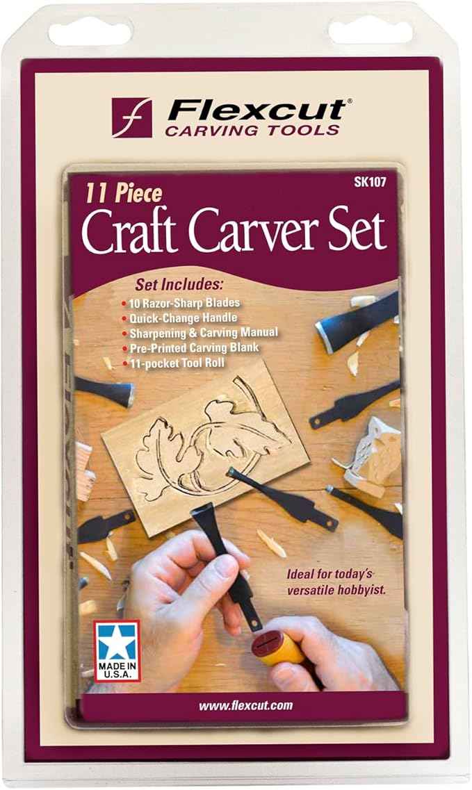 FLEXCUT Wood Carving Tools | 11 Piece Craft Carver Set | Includes 10 1095 High Carbon Steel Blades and Interchangeable Ergonomic ABS Handle | SK107 | Made in the U.S.A.