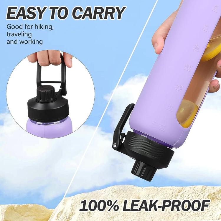 Glass Water Bottle with Straw, 24oz Glass Drinking Bottle with 2 Lids-Bamboo and Spout Lid with Phone Holder Handle for Gym Sports,with Silicone Sleeve and Time Marker,Purple