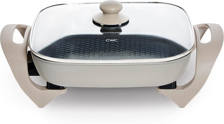 COOK WITH COLOR Electric Skillet - 12" x 12" Ceramic Nonstick Pan, PFAS-Free, 1400W, Tempered Glass Lid, Variable Temperature, Removable Heating Probe, Cool-Touch Handles, Sand