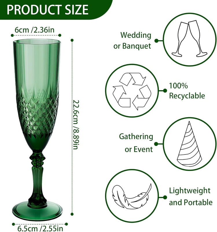 Plastic Champagne Flutes, 12PCS Dark Green Plastic Wine Glasses Goblets Reusable Champagne Flute for Weddings, Bachelor Parties, Toasting, and Events(12, Dark Green)