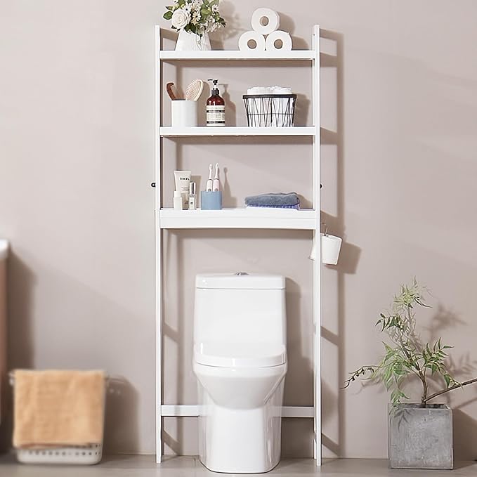 VEVOR Over The Toilet Storage, 3-Tier Adjustable Over Toilet Bathroom Organizer, Bamboo Storage Shelf Rack with 3 Hooks, Freestanding Easy Assembly Laundry Space Saver, Fit Most Toilets