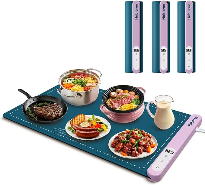 3-Pack Silicone Food Warming Mat & Food Warmers for Parties Buffet - Rapid Heating 6-Level Temp Control, Rollable Portable Easy Clean - Value Set for Gatherings & Home Daily UseοΌBlueοΌ