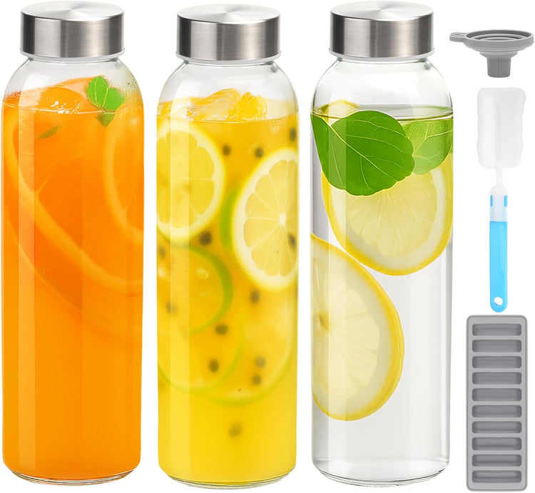 Zukro Glass Water Bottles with Lids 24 oz, 3 Pack Reusable Juice Bottles With Stainless Steel Airtight Cap for Juicing, Leak Proof Clear Drinking Jar Beverage storage container for Fridge, BPA Free