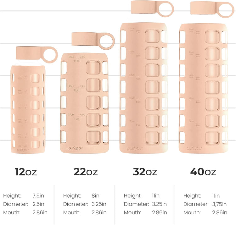 purifyou 40oz / 32oz / 22oz / 12oz Borosilicate Glass Water Bottle with Time & Volume Markers, Silicone Sleeve, Stainless Steel Lid – Reusable Glass Bottle for Water & Juice (12oz Hazelnut)