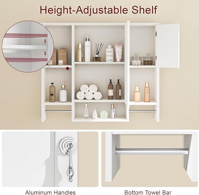 VECELO Large Bathroom Wall Cabinet with Mirror, Wall Mounted Medicine Cabinet with Open Shelves, 2 Towel Bars for Bathroom Laundry Room Kitchen, 35.04" L x 7.09" W x 28.94" H