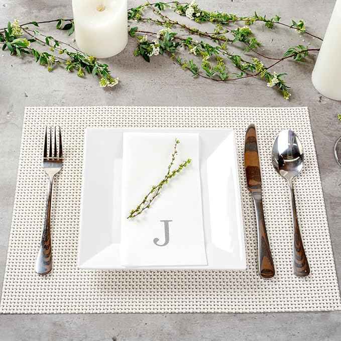 Luxenap 15.8 X 7.9 Inch Linen-Feel Guest Towels, 50 Lettered Hand Towels - Silver Letter 'J', Sans Serif Font, White Paper Dinner Napkins, airlaid, For Restrooms And Tables - Restaurantware