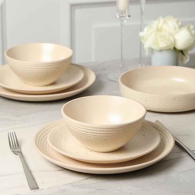 Stone Lain Lauren Modern Stoneware 16-piece Round Dinnerware Set, Plates and Bowls Set, Dish set for 4, Beige
