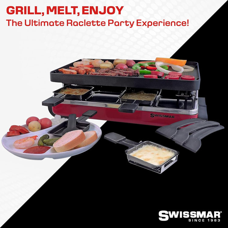 Swissmar Classic 8-Person Raclette Party Grill with Reversible Cast Aluminum Non-Stick Grill Plate/Crepe Top, Indoor Electric Raclette Grill & Griller - Black Grill Plate - Red