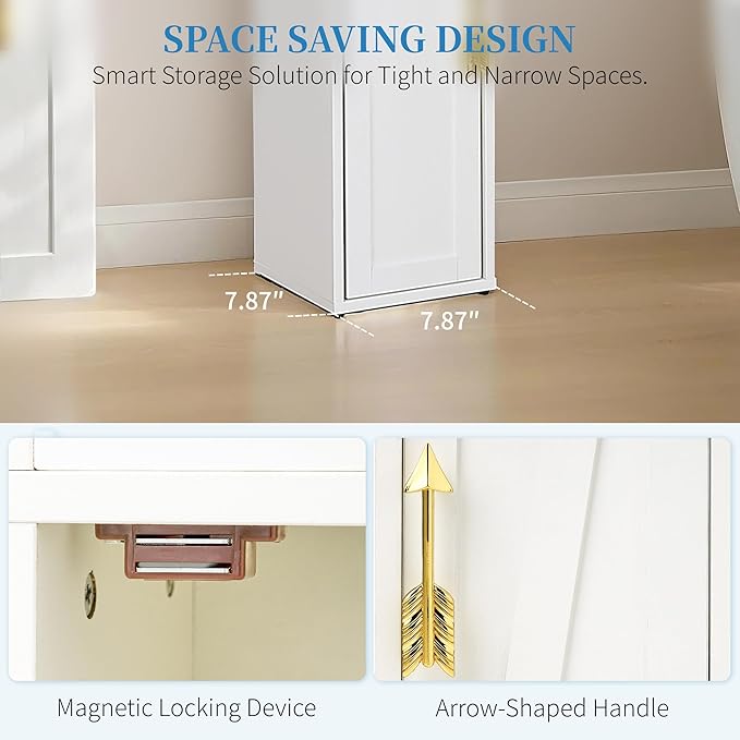 VECELO 67" Narrow Storage Cabinet, Tall Slim Corner Cabinet, Corner Storage with X-Shaped Metal Frame, Toilet Paper Holder, Magnetic Door, Ideal for Small Space, White