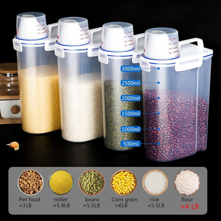 4 sets 3-5 LB Rice Storage Bin Flour Cereal Containers Dispenser with BPA Free + Measuring Cup + Pour Spout - Perfect for Rice Flour Baking Supplies Pet Dog Food Storage
