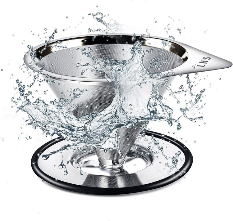 LHS Pour Over Coffee Dripper Stainless Steel Coffee Filter Metal Cone Filter Paperless Reusable Coffee Filter Single Cup Coffee Maker 1-4 Cup With Non-slip Cup Stand and Cleaning Brush