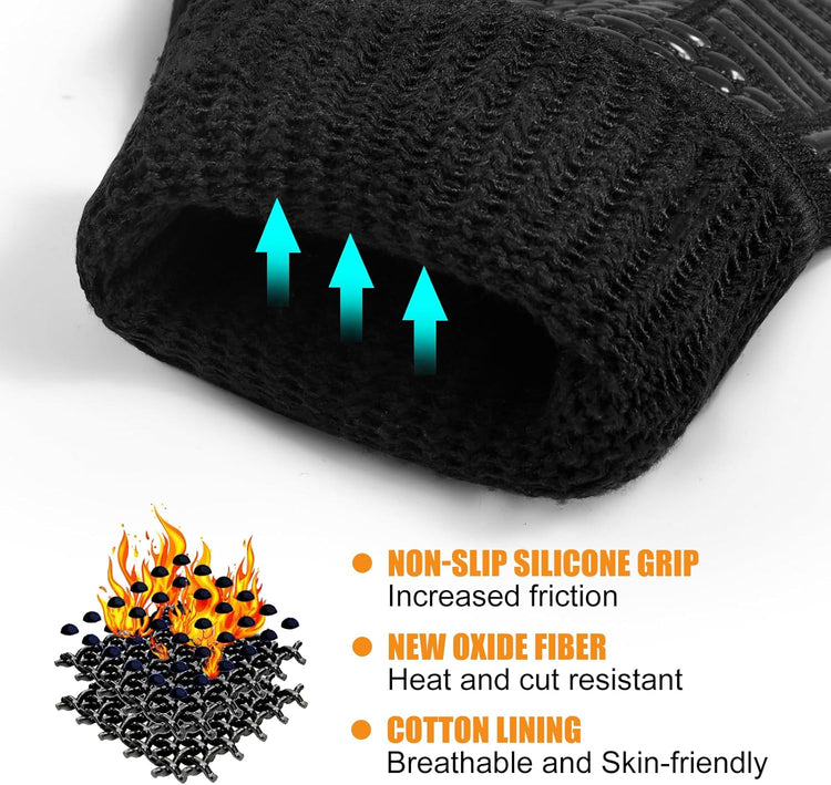 BBQ Gloves, Oven Gloves, Extreme Heat Resistant Barbecue Gloves, Silicone Non-Slip Oven Mitts, Kitchen Gloves for Cooking, Grilling, and Baking (Black)