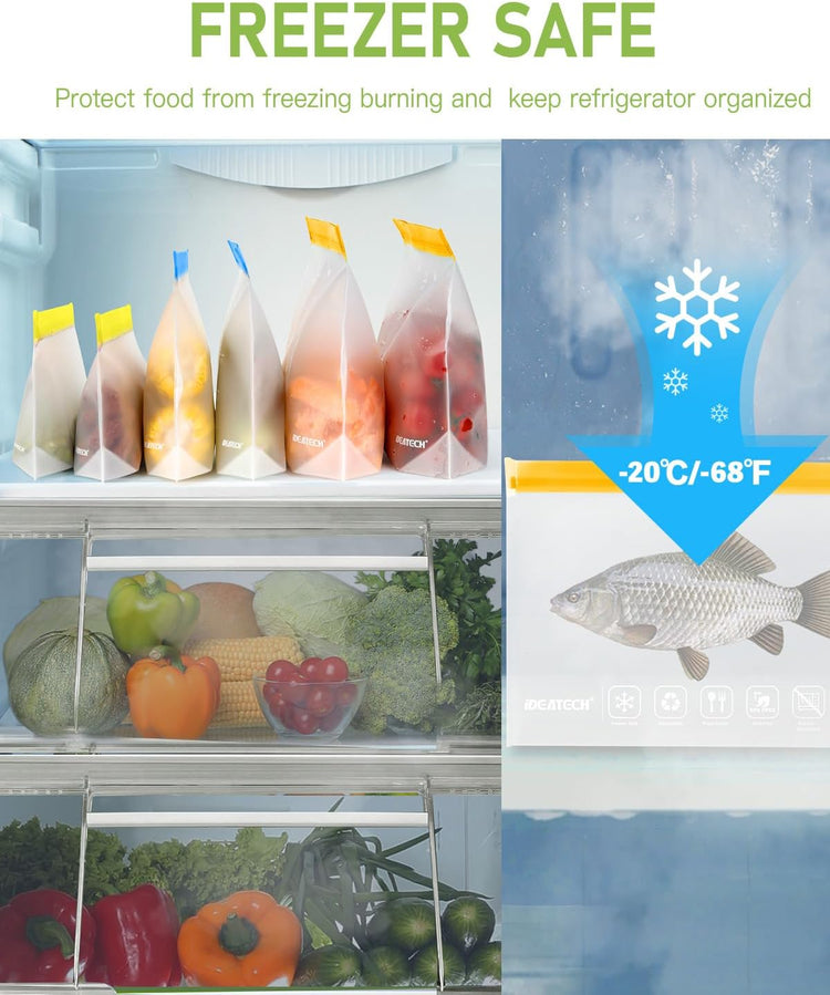 IDEATECH Sandwich Food Storage Bags, BPA Free PEVA Reusable Gallon Freezer Bags, Reusable Sandwich Bag, Healthy Food Containers for Lunch, Travel (Grey, 12Pack-7Gallon+5Quart)
