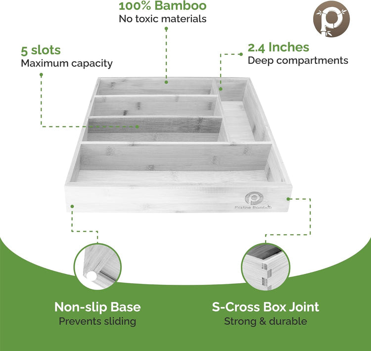Kitchen Drawer Organizer - Drawer Utensil Organizer and Cutlery Tray - Flatware and Silverware Holder (5-Slots, White)