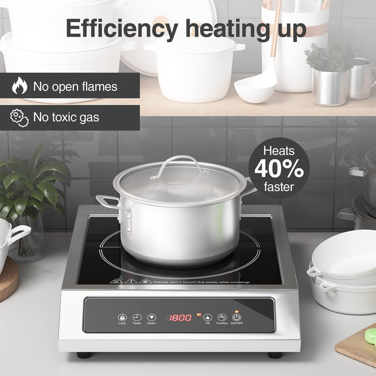 1800W Professional Commercial Induction Cooktop: 120V Stainless Steel Countertop Burner for RV, Small Restaurant, Catering Kitchen - Portable Hot Plate with 3-Hour Timer, Touch Panel