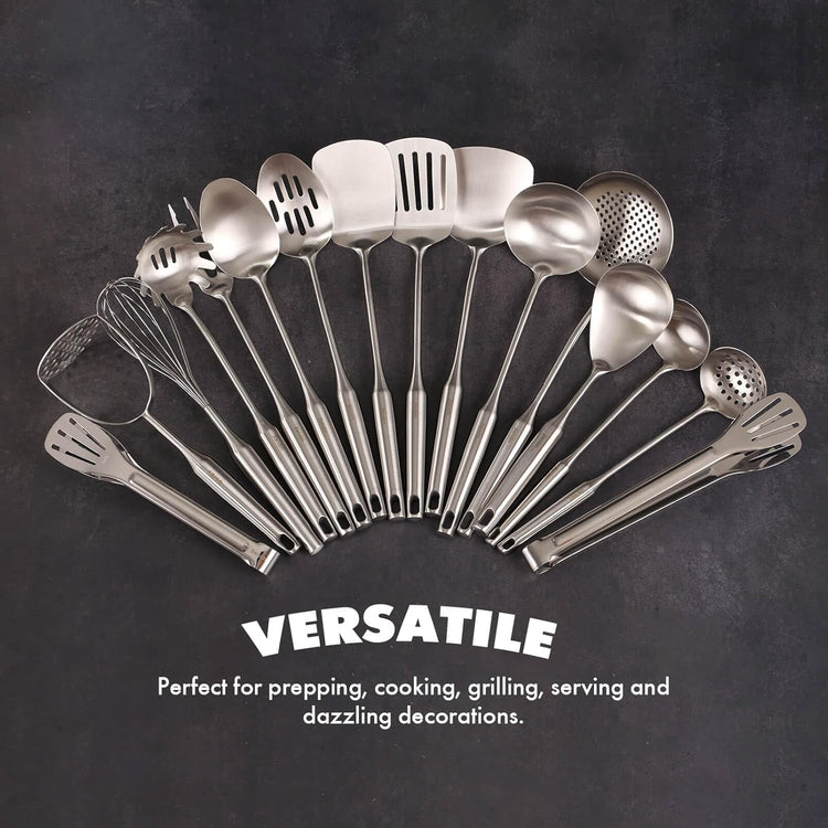 18/10 Stainless Steel Cooking Utensils Set - 16 PCS All Metal Kitchen Tools, Serving Utensils - Whisk, Masher, Fork, Tongs, Solid/Slotted Spoon, Spatula, Turner, Ladle, Skimmer, Pasta, Large Spoon Set