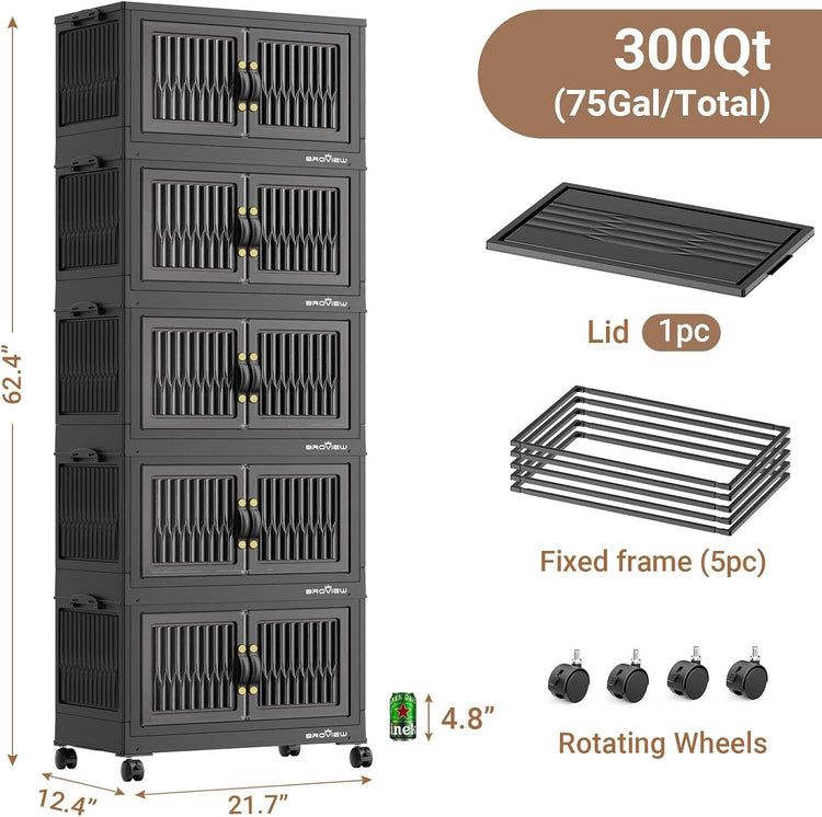 300Qt Stackable Storage Bins with Lid, Extra Large Closet Organizer Collapsible Drawer Boxes with Wheels, Folding Plastic Cabinet Containers for Home Kitchen Room Organization, 5Pack Black