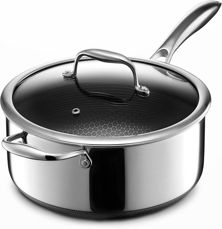 HexClad Hybrid Nonstick 5-Quart Saucepan with Tempered Glass Lid, Stay-Cool Handle, Dishwasher-Friendly, Oven-Safe Up to 900°F, Induction Ready, Compatible with All Cooktops