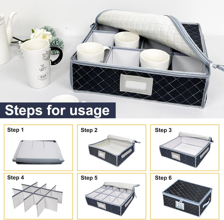 Wine Glass and Mug Storage Box with Dividers - 2 Pack China Storage Containers Set Holds 24 Glassware , Stemwareļ¼Coffee Mug and Tea Cup, Organizer Bin with Sturdy Metal Zipper,Label and Handles (Grey)