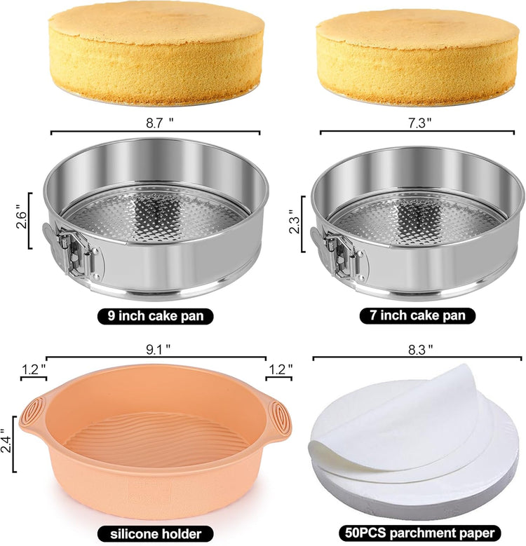 7, 9 Inch Springform Pan, Nonstick 304 Stainless Steel Cake Pans with Removable Bottom, Leakproof Springform Pan for Cheesecake with Silicone Pans Protector & 50PCS Parchment Paper, Dishwasher Safe