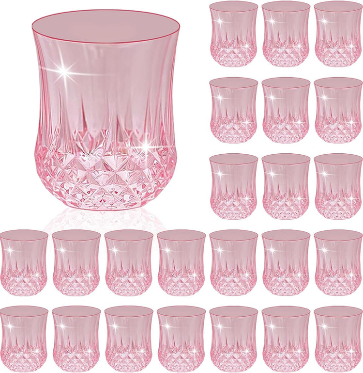 24 PCS Pink Unbreakable Stemless Wine Glasses,9OZ Vintage Colored Plastic Reusable Cups Drinking Glass Goblets Tumblers for Whisky, Beer, Juice, Beverages, Cocktail