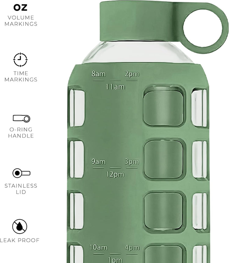 purifyou 40oz / 32oz / 22oz / 12oz Borosilicate Glass Water Bottle with Time & Volume Markers, Silicone Sleeve, Stainless Steel Lid – Reusable Glass Bottle for Water & Juice (22oz Shale Green)