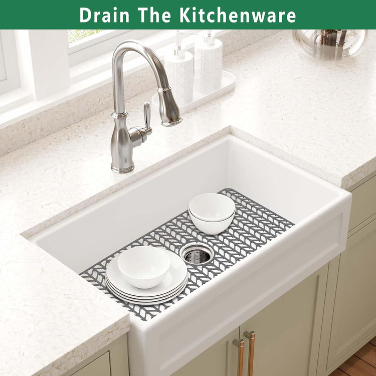 GUUKIN Sink Protectors for Kitchen Mat - 30"x 16" Silicone Kitchen Sink Mat Grid for Bottom of Farmhouse Stainless Steel Porcelain with Center Drain(Grey)